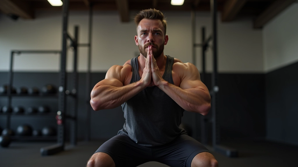 Close-up of a coach demonstrating proper squat form to a beginner athlete in a CrossFit gym setting