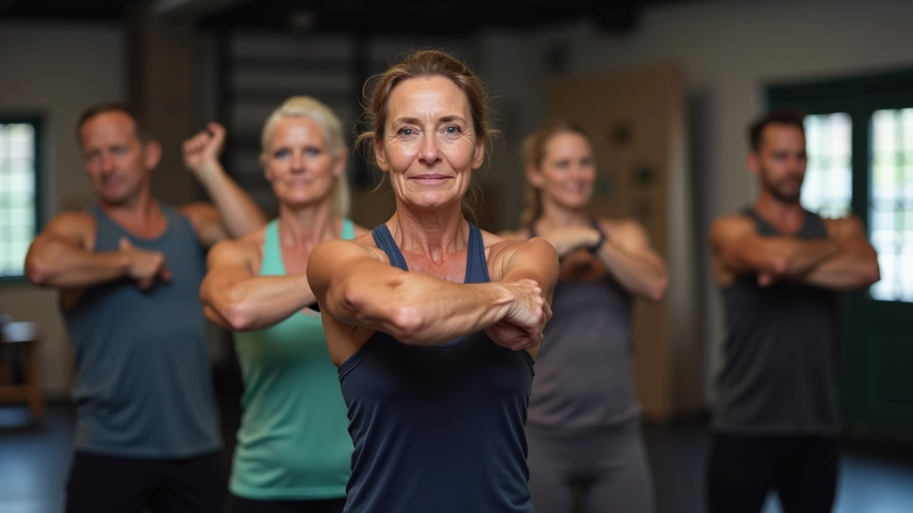 Group of five athletes of varying ages performing dynamic stretches and mobility movements together in a gym