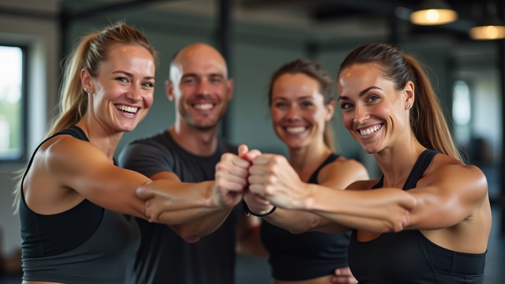 Small group of mature athletes celebrating after completing a challenging WOD together with genuine smiles and fist bumps