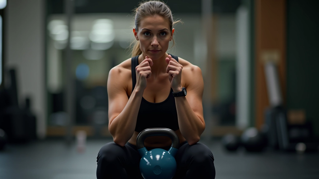 Woman performing goblet squat with kettlebell held at chest with proper depth and upright posture