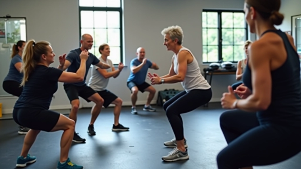 Functional movement workshop showing adults learning proper squat and mobility techniques